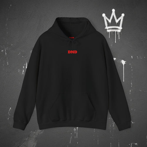 DND Minimalist Hoodie — Small Red Chest Logo, Casual Gamer Sweatshirt